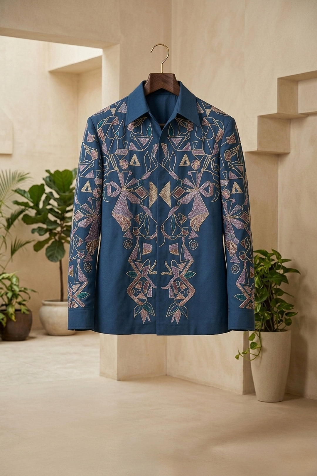 Savio — Sea Blue Thread Embroidered 4-Way Stretch Shacket