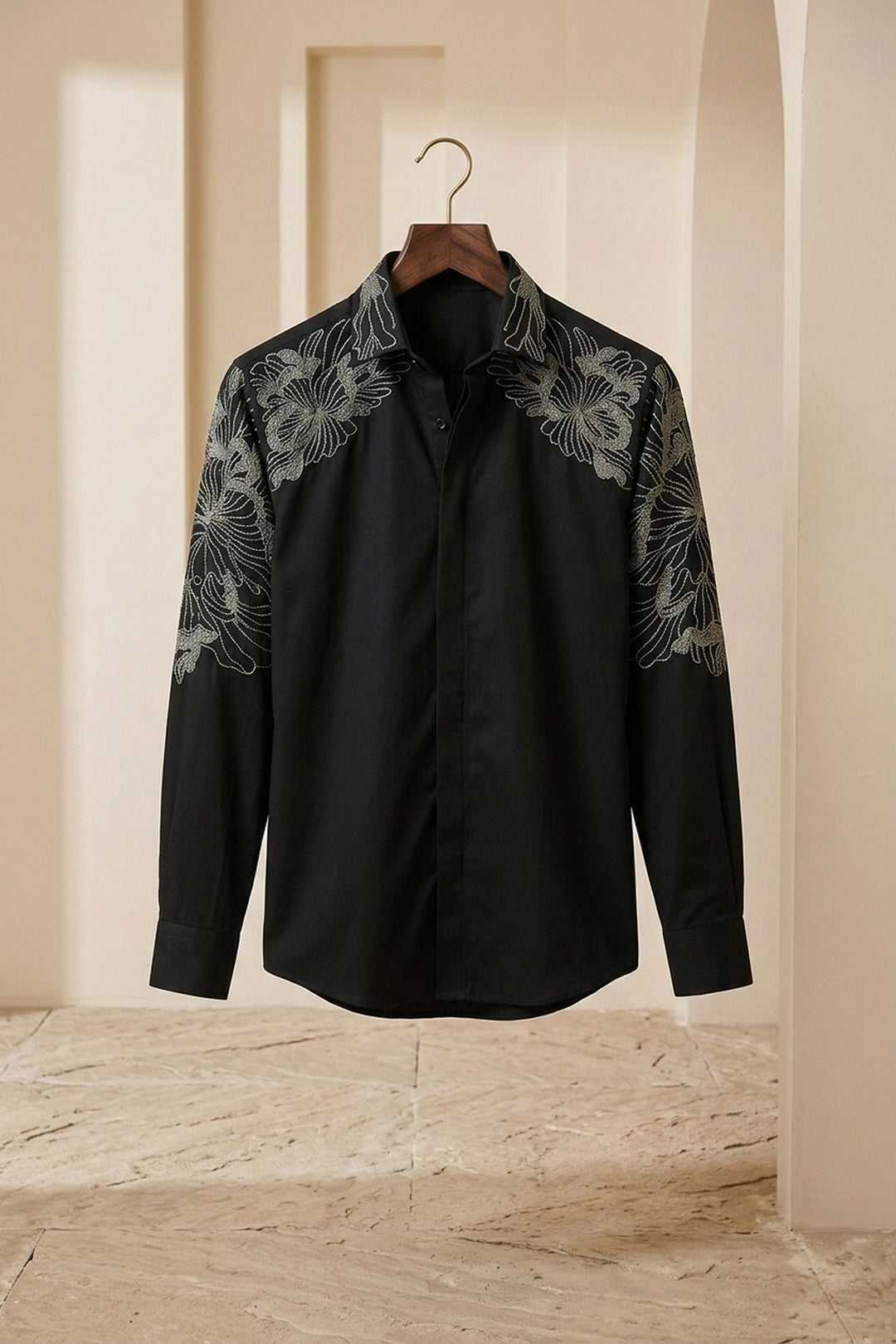 Solaro — Black Hand Embroidered British Fabric Shirt. By HILO DESIGN.