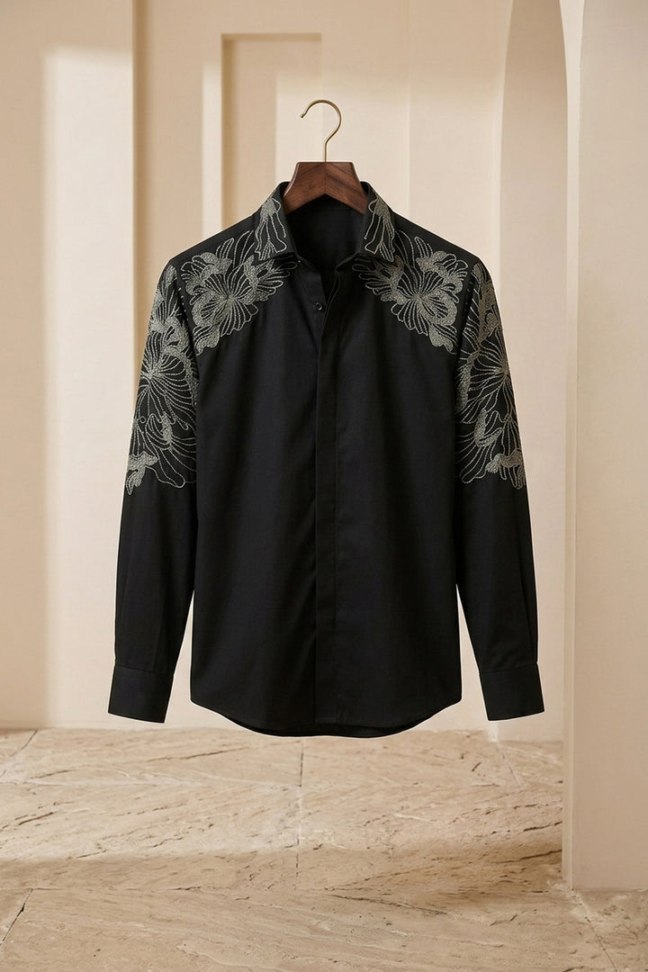 Solaro — Black Hand Embroidered British Fabric Shirt. By HILO DESIGN.