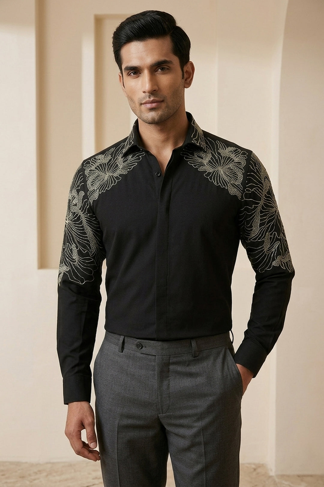 Solaro — Black Hand Embroidered British Fabric Shirt. By HILO DESIGN.