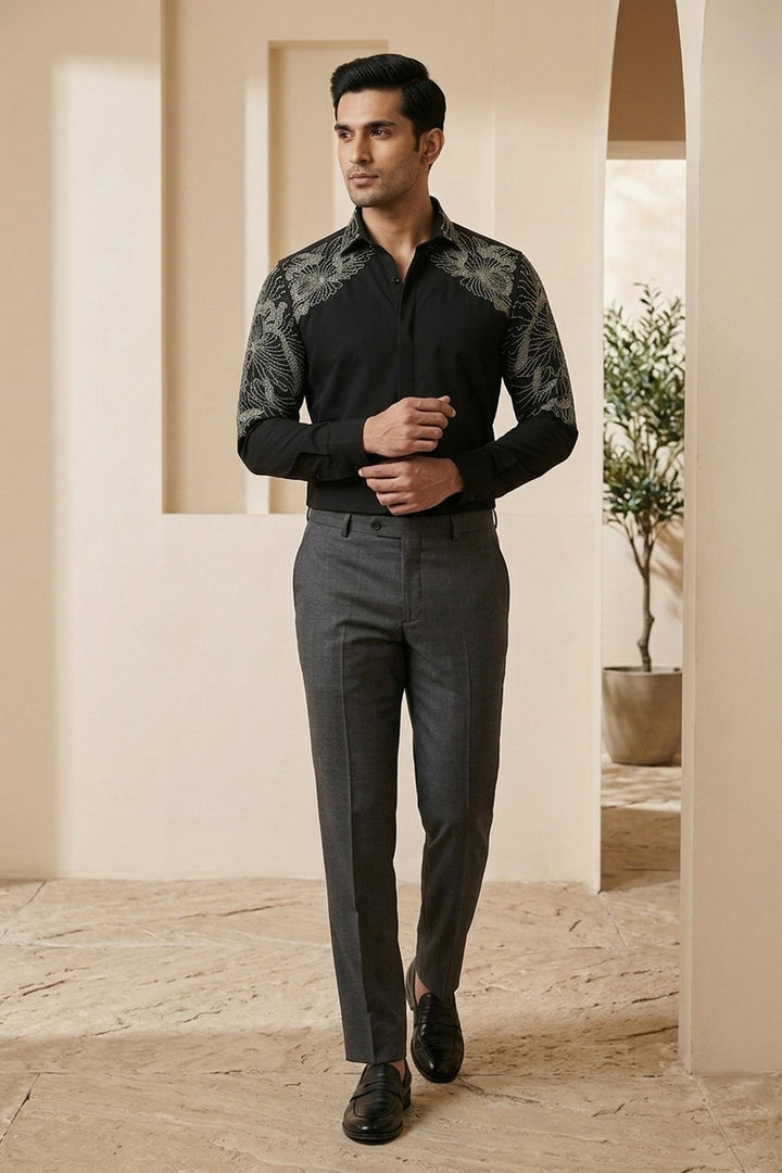 Solaro — Black Hand Embroidered British Fabric Shirt. By HILO DESIGN.