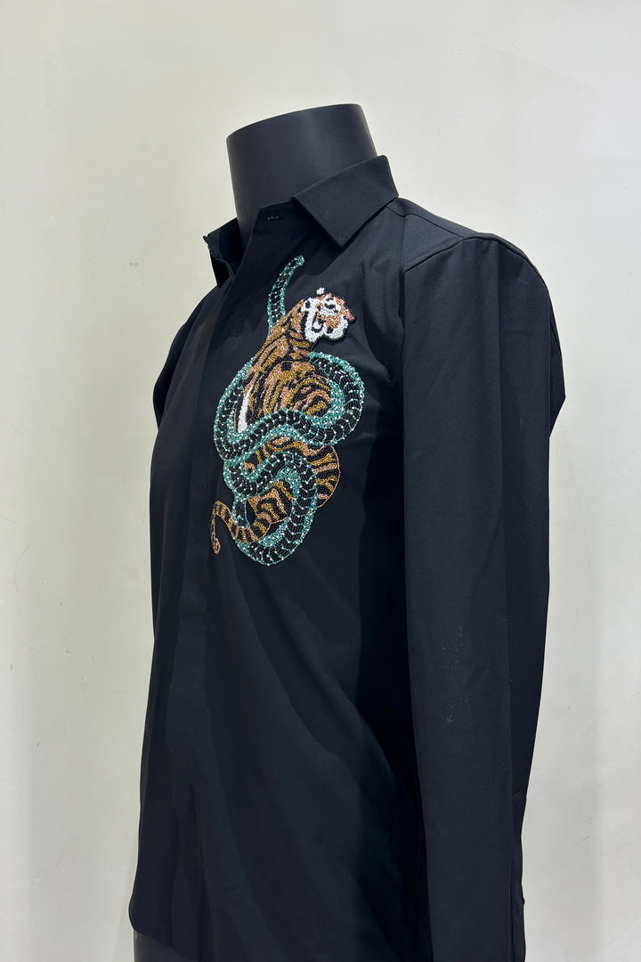 Regal — Black Hand Embroidered Premium 4-Way Stretch Shirt