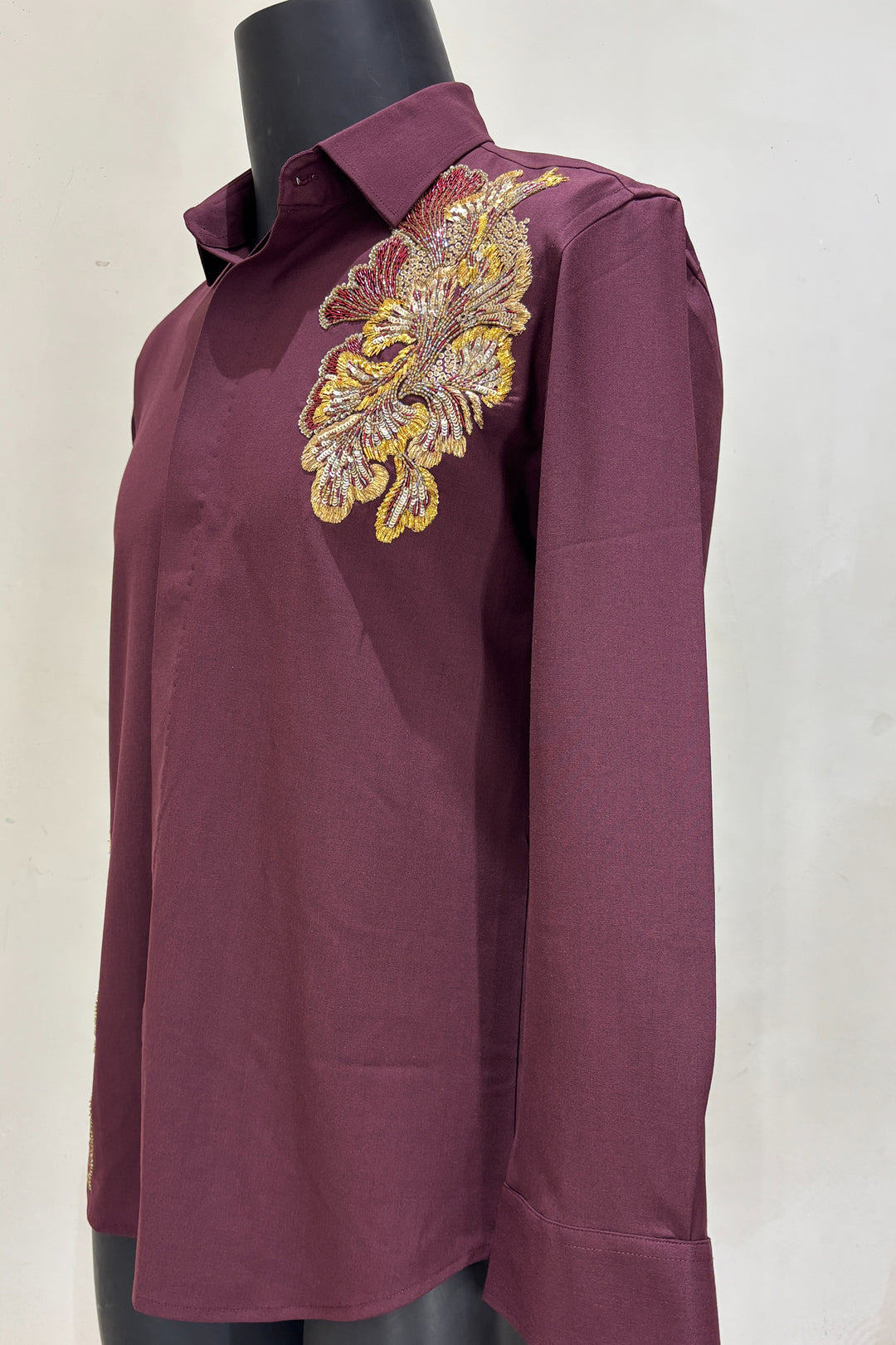 Regal Vine — Burgundy Hand Embroidered Armani Fabric Shirt