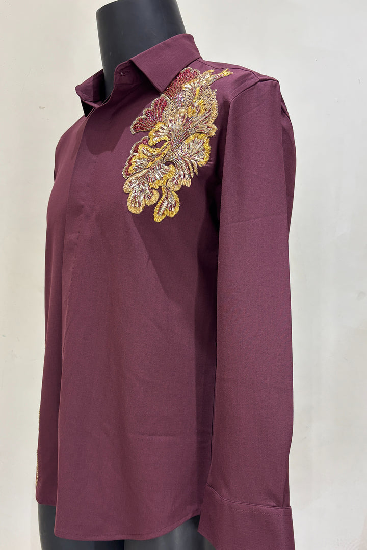 Regal Vine — Burgundy Hand Embroidered Armani Fabric Shirt