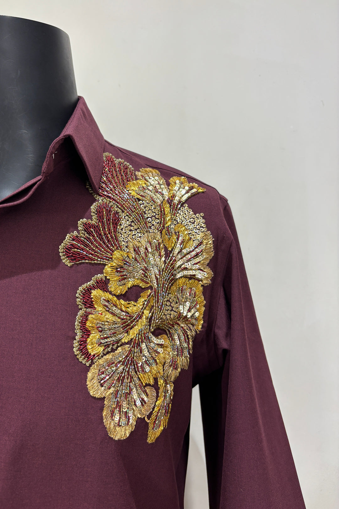 Regal Vine — Burgundy Hand Embroidered Armani Fabric Shirt