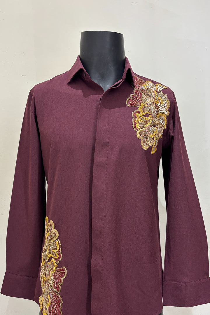 Regal Vine — Burgundy Hand Embroidered Armani Fabric Shirt