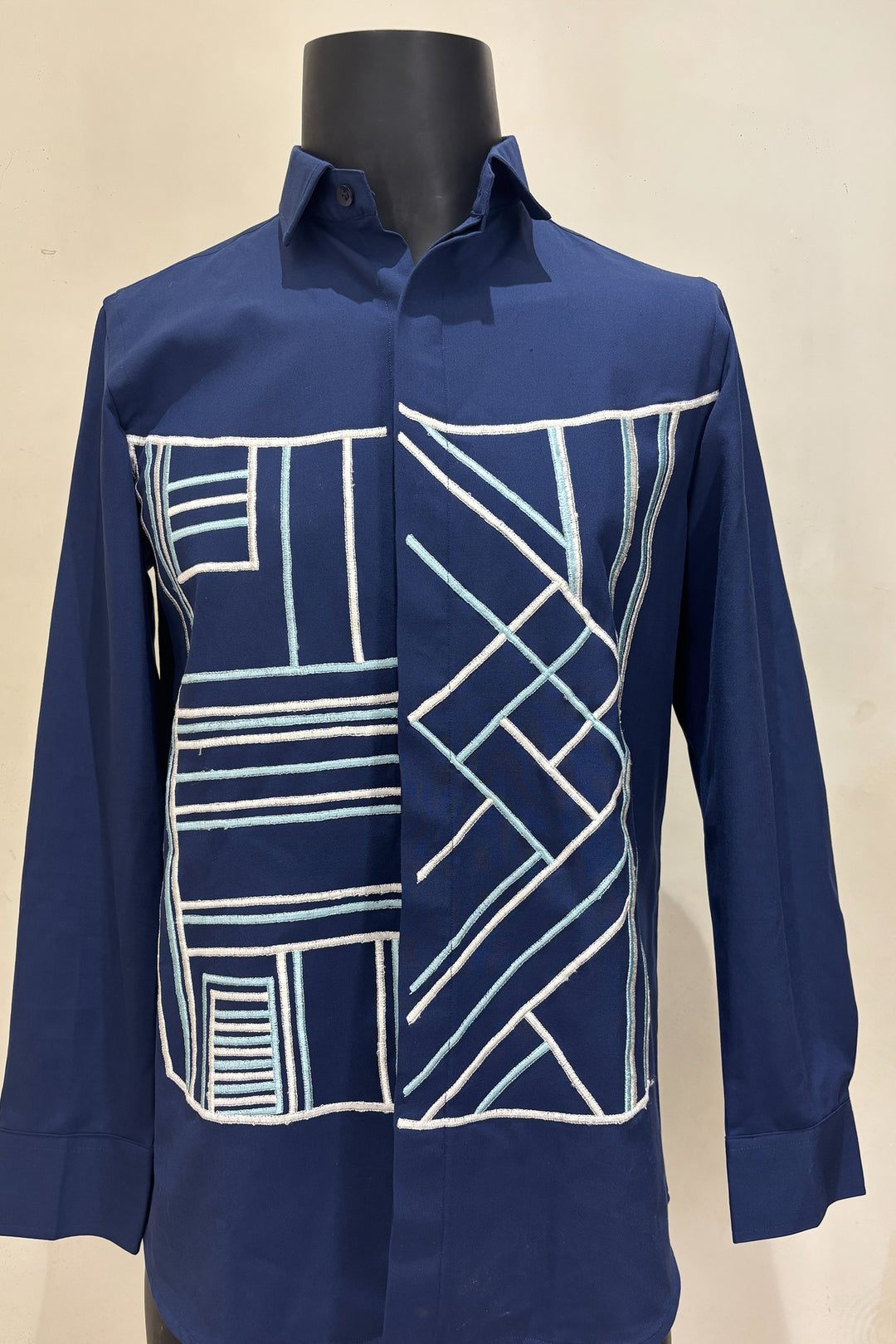 Linear — Royal Blue Geometric Block Embroidered 4-Way Stretch Shirt