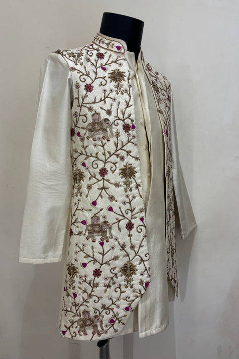 Shikar — Off White Hand Embroidered Dupion Silk Nehru Jacket Set