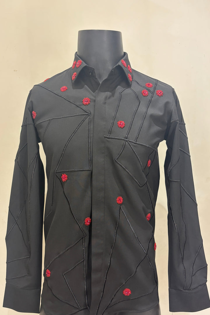 Zyra — Black Hand &amp; Thread Embroidered 4-Way Stretch Shirt