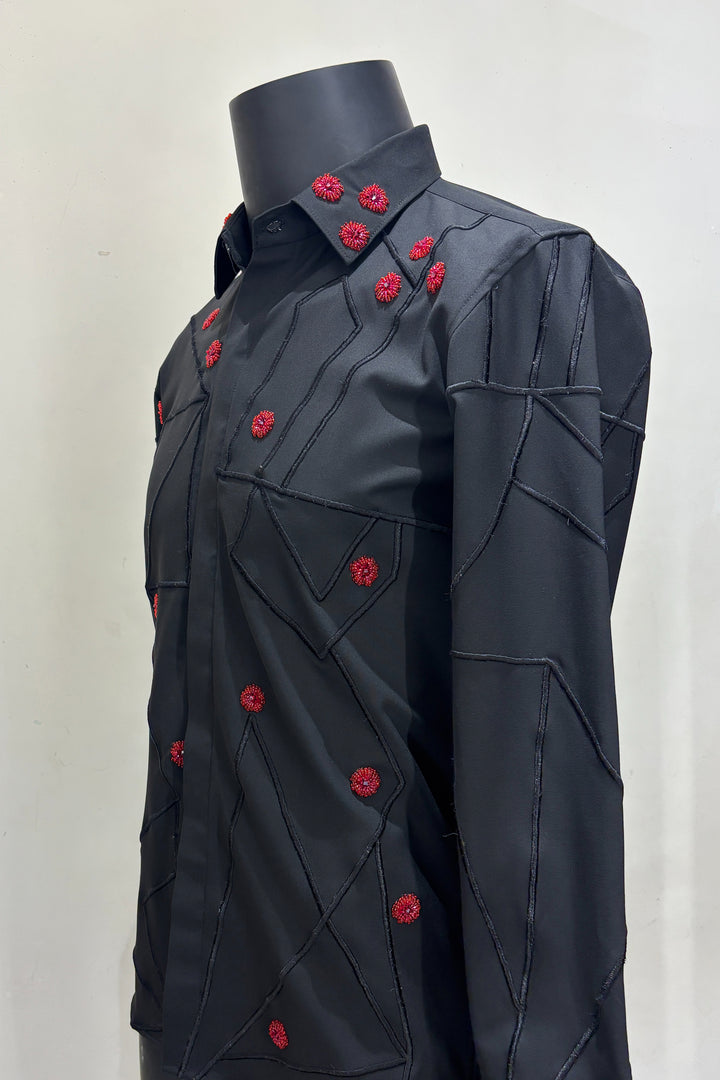 Zyra — Black Hand &amp; Thread Embroidered 4-Way Stretch Shirt