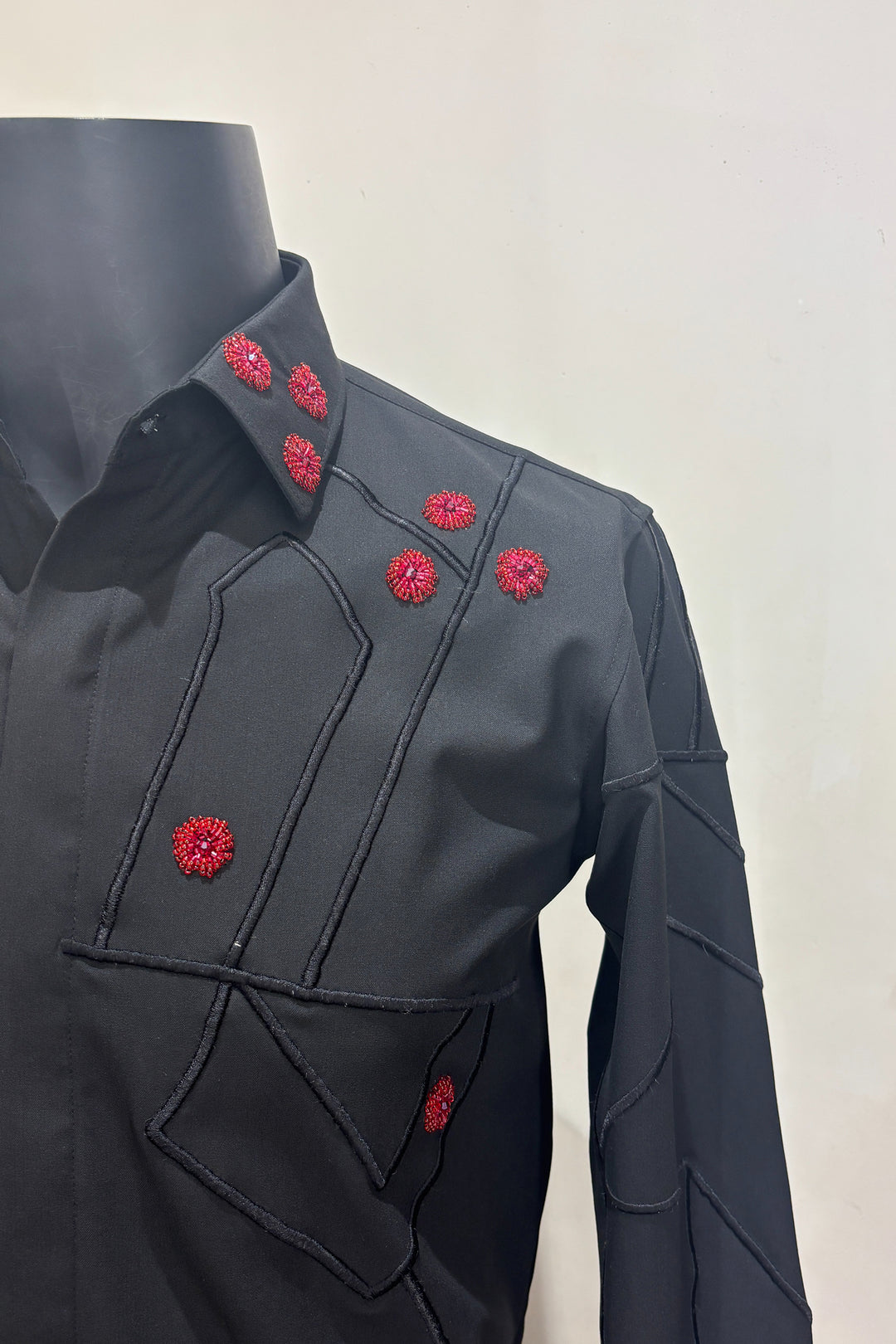 Zyra — Black Hand &amp; Thread Embroidered 4-Way Stretch Shirt