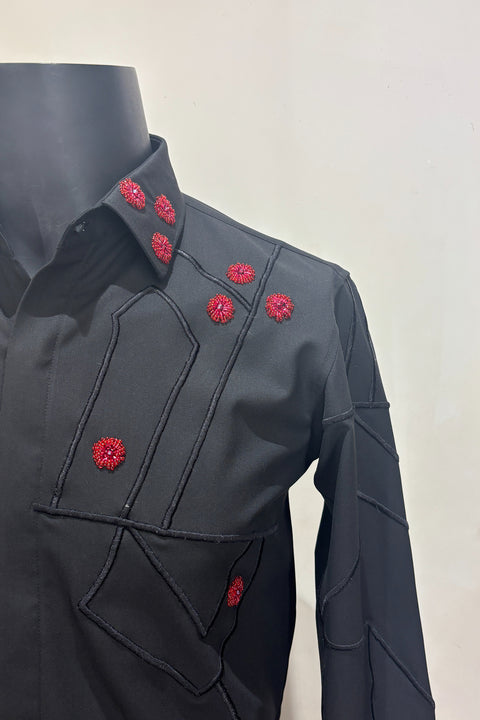 Zyra — Black Hand & Thread Embroidered 4-Way Stretch Shirt