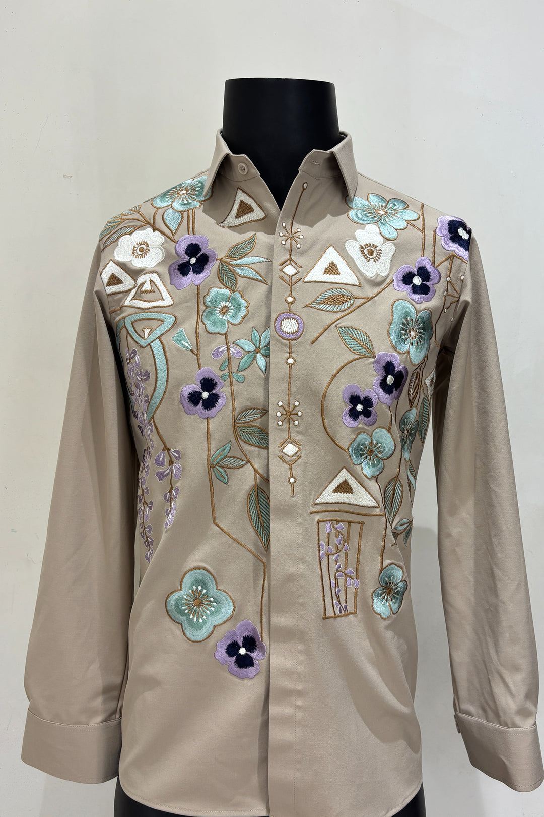Lattice — Beige Thread Embroidered British Fabric Shirt