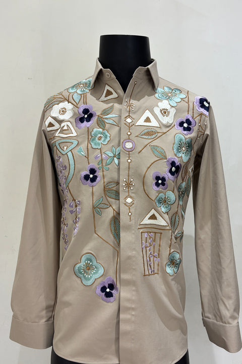 Lattice — Beige Thread Embroidered Armani Fabric Shirt