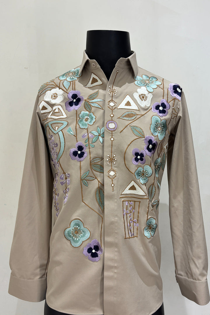 Lattice — Beige Thread Embroidered British Fabric Shirt