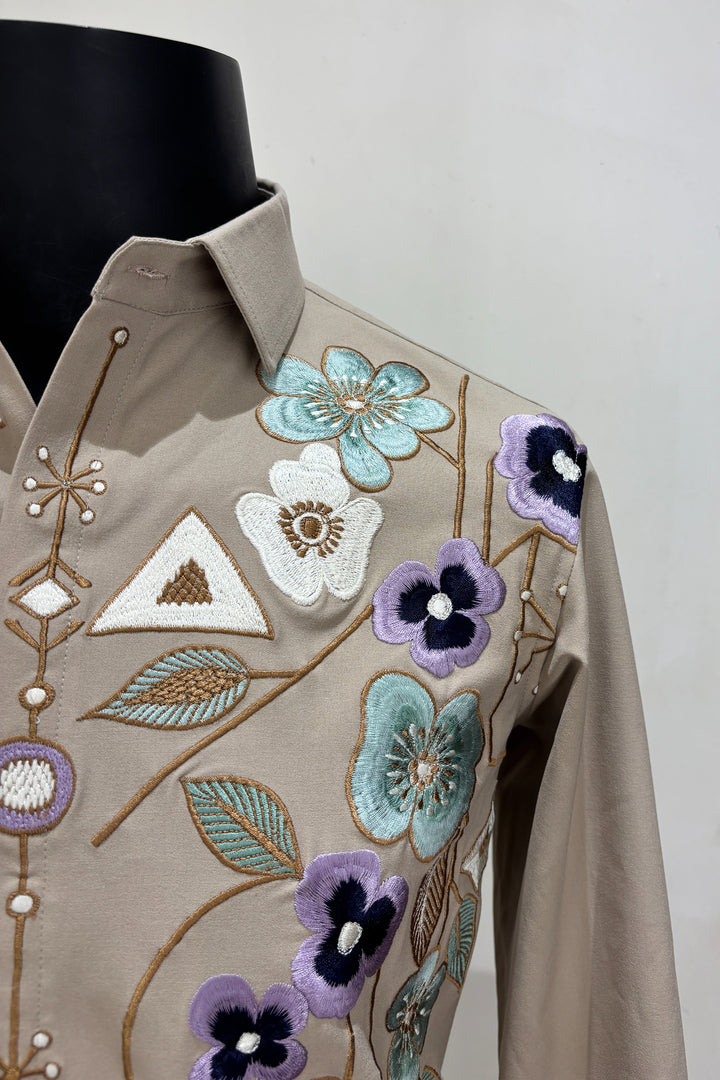Lattice — Beige Thread Embroidered British Fabric Shirt