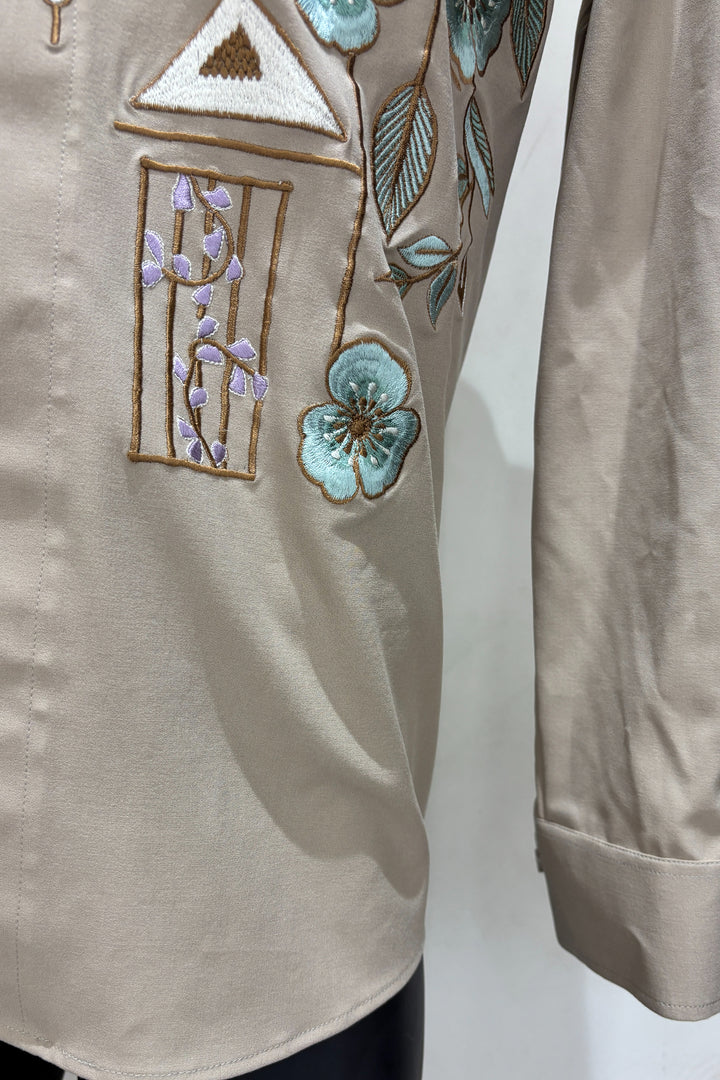 Lattice — Beige Thread Embroidered British Fabric Shirt