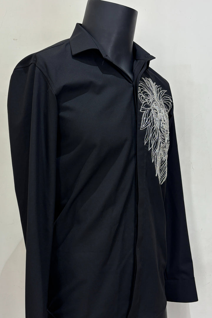 Leoir — Black Hand Embroidered 4-Way Stretch Shirt