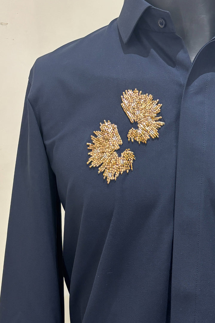 Embers — Navy Gold Burst Embroidered 4-Way Stretch Shirt