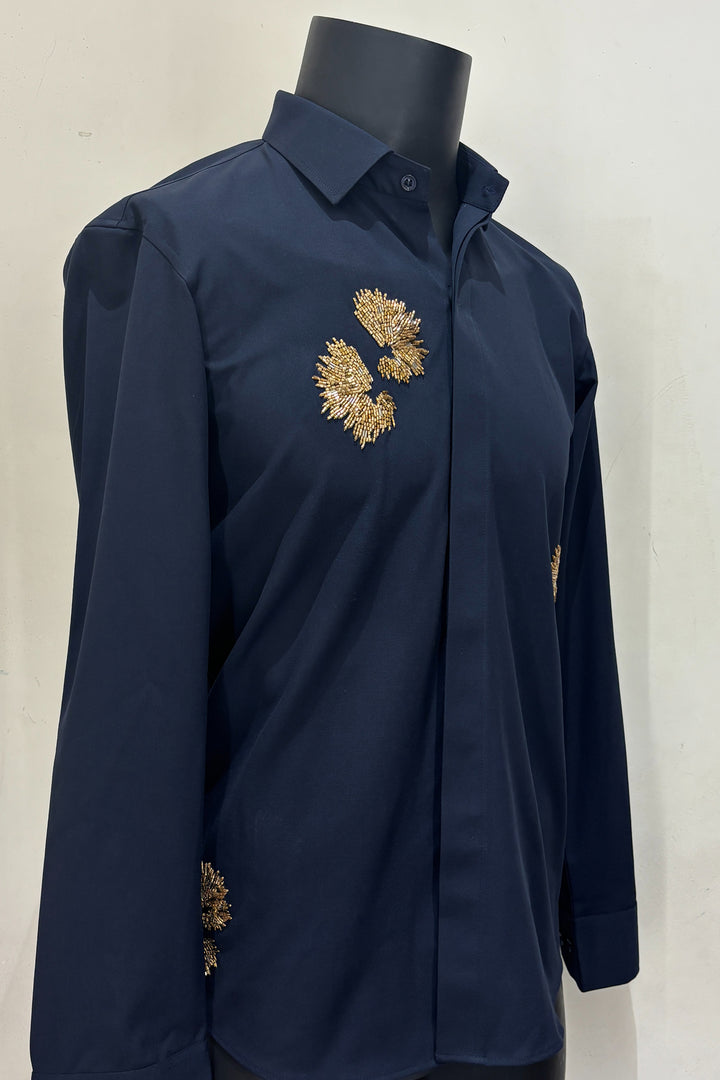 Embers — Navy Gold Burst Embroidered 4-Way Stretch Shirt