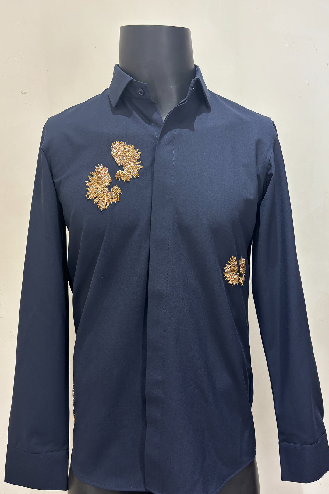Embers — Navy Gold Burst Embroidered 4-Way Stretch Shirt
