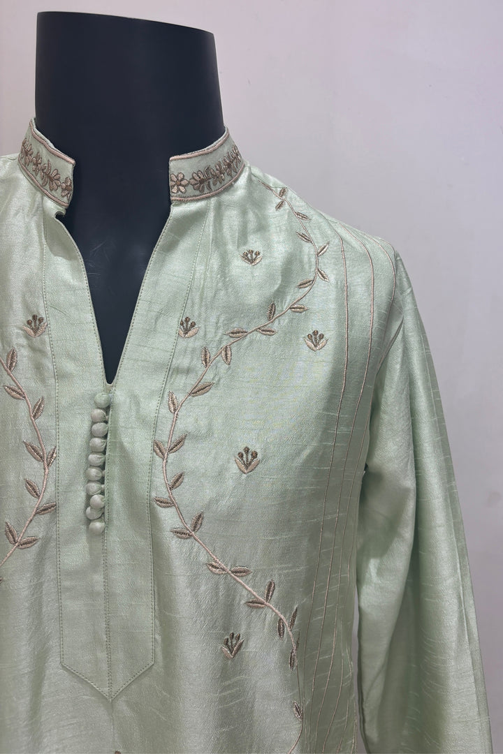 Vanraj — Sage Green Falling Raw Silk Kurta