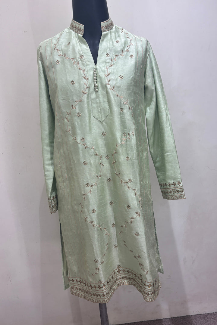 Vanraj — Sage Green Falling Raw Silk Kurta