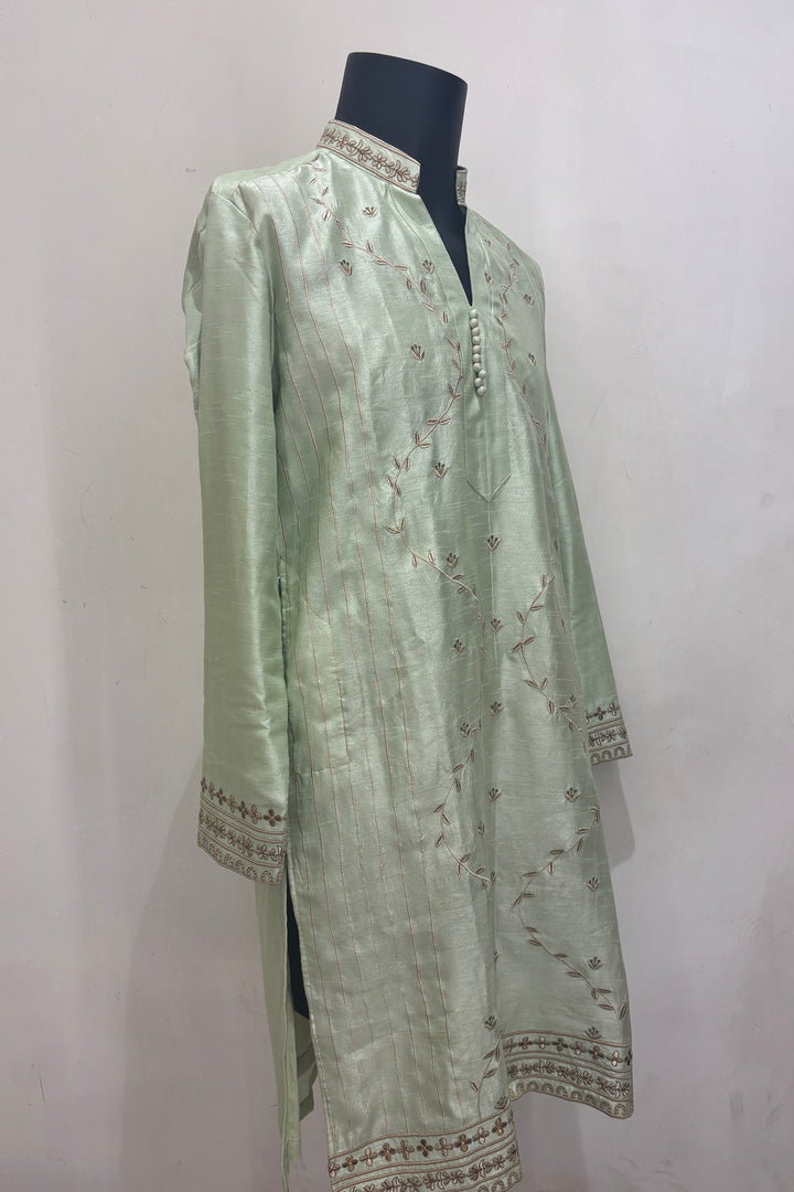 Vanraj — Sage Green Falling Raw Silk Kurta