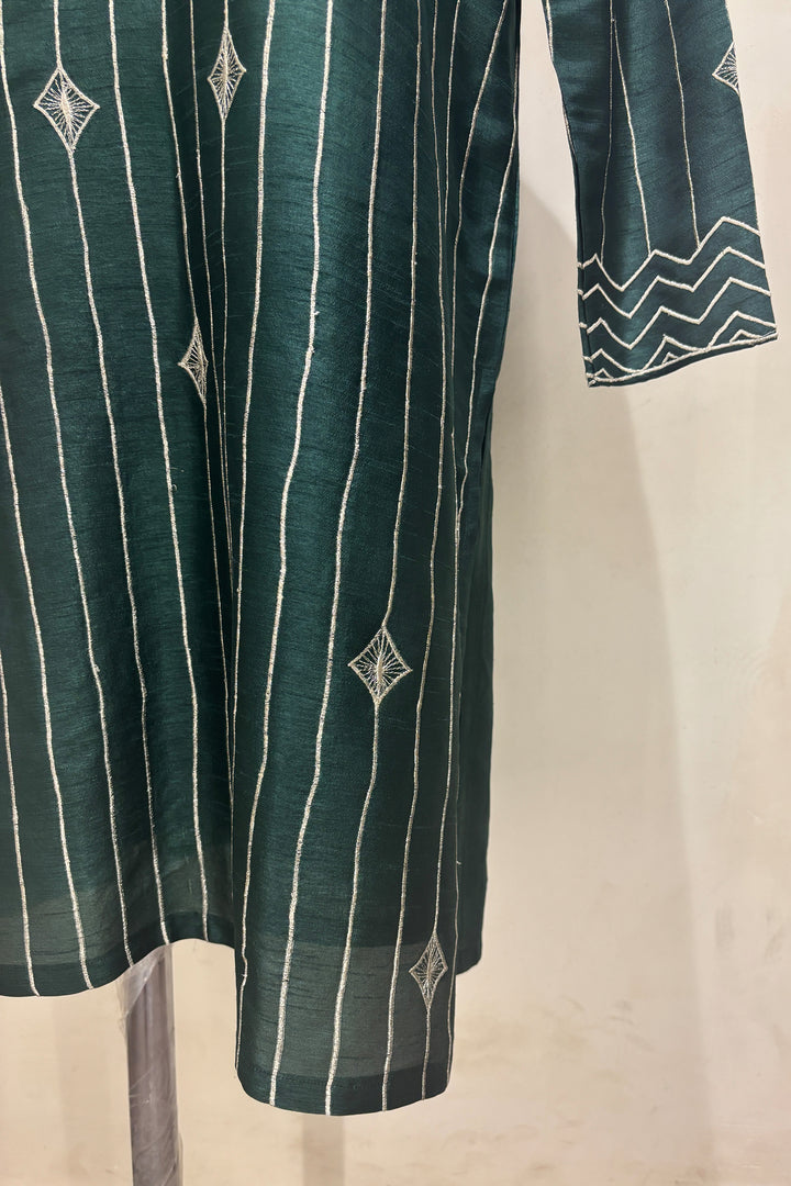 Naksh — Bottle Green Thread Embroidered Falling Raw Silk Kurta