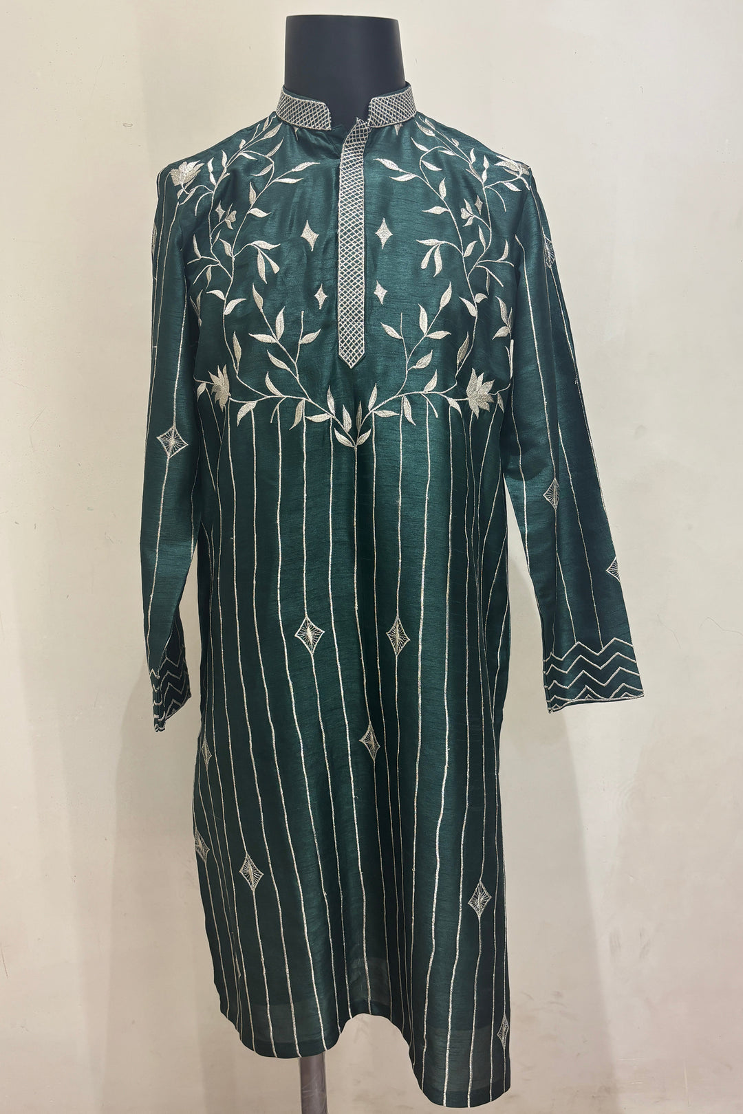 Naksh — Bottle Green Thread Embroidered Falling Raw Silk Kurta