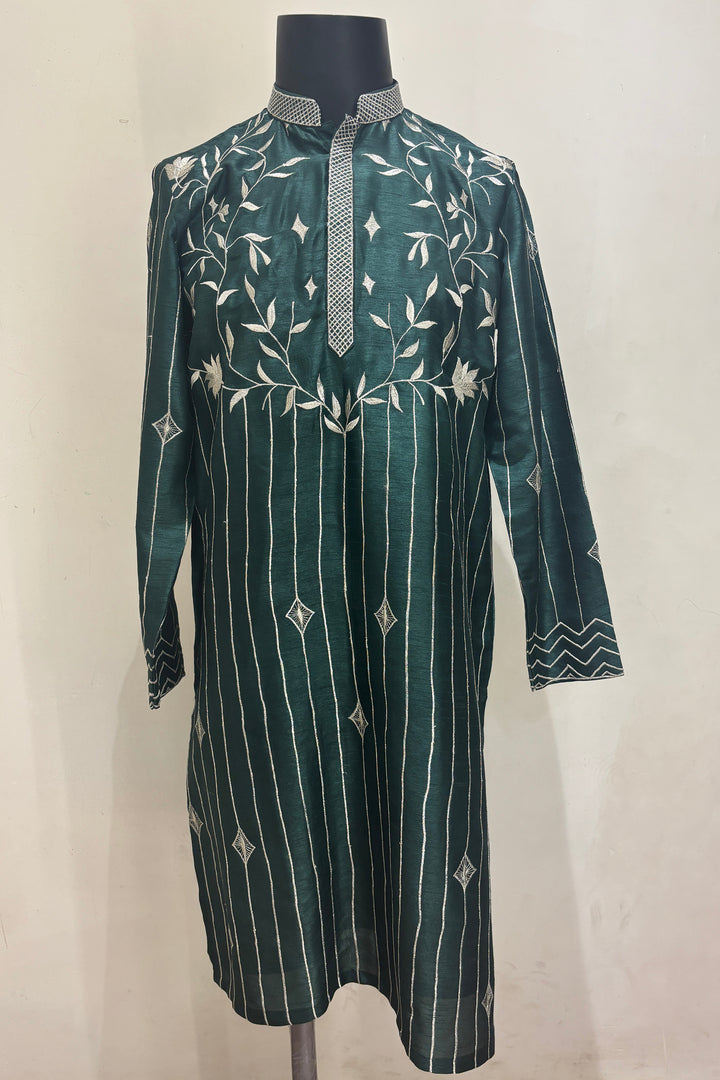 Naksh — Bottle Green Thread Embroidered Falling Raw Silk Kurta