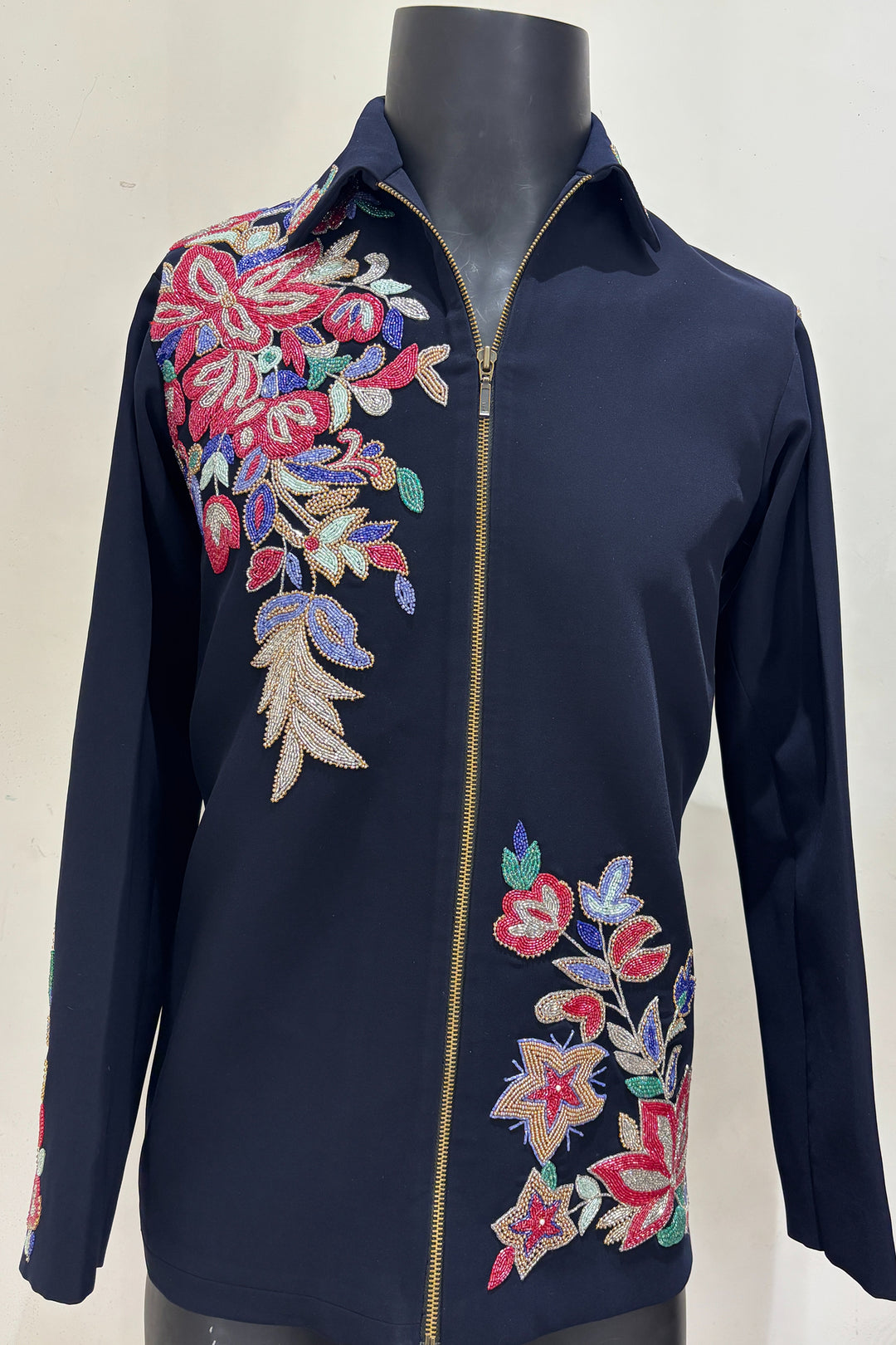 Roman — Midnight Blue Hand Embroidered British Fabric Shacket