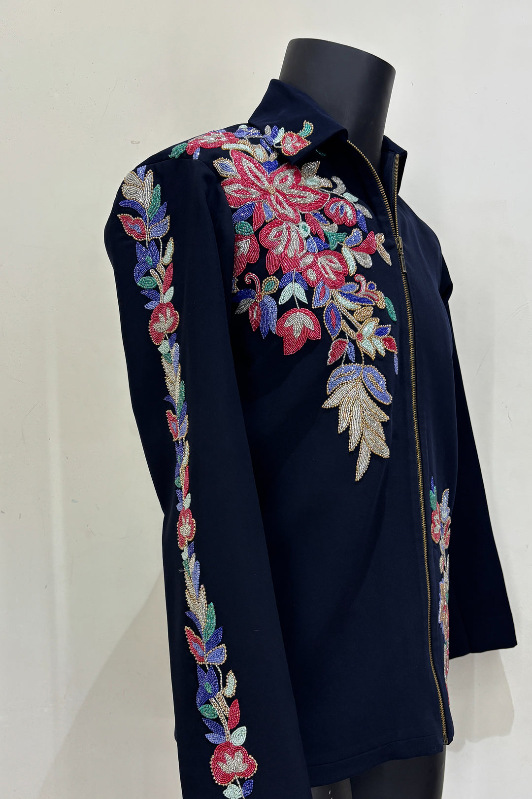 Roman — Midnight Blue Hand Embroidered British Fabric Shacket