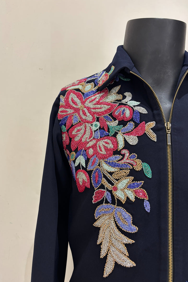 Roman — Midnight Blue Hand Embroidered British Fabric Shacket