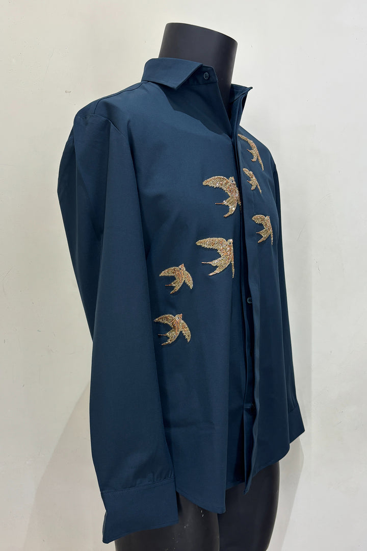 Sky Trace — Teal Green Hand Embroidered 4-Way Stretch Shirt
