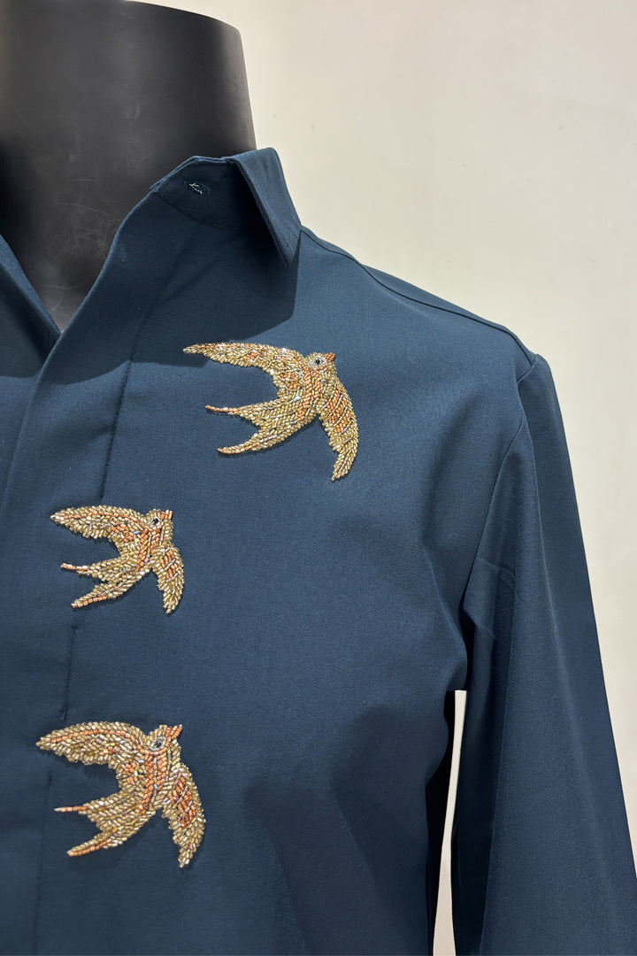 Sky Trace — Teal Green Hand Embroidered 4-Way Stretch Shirt