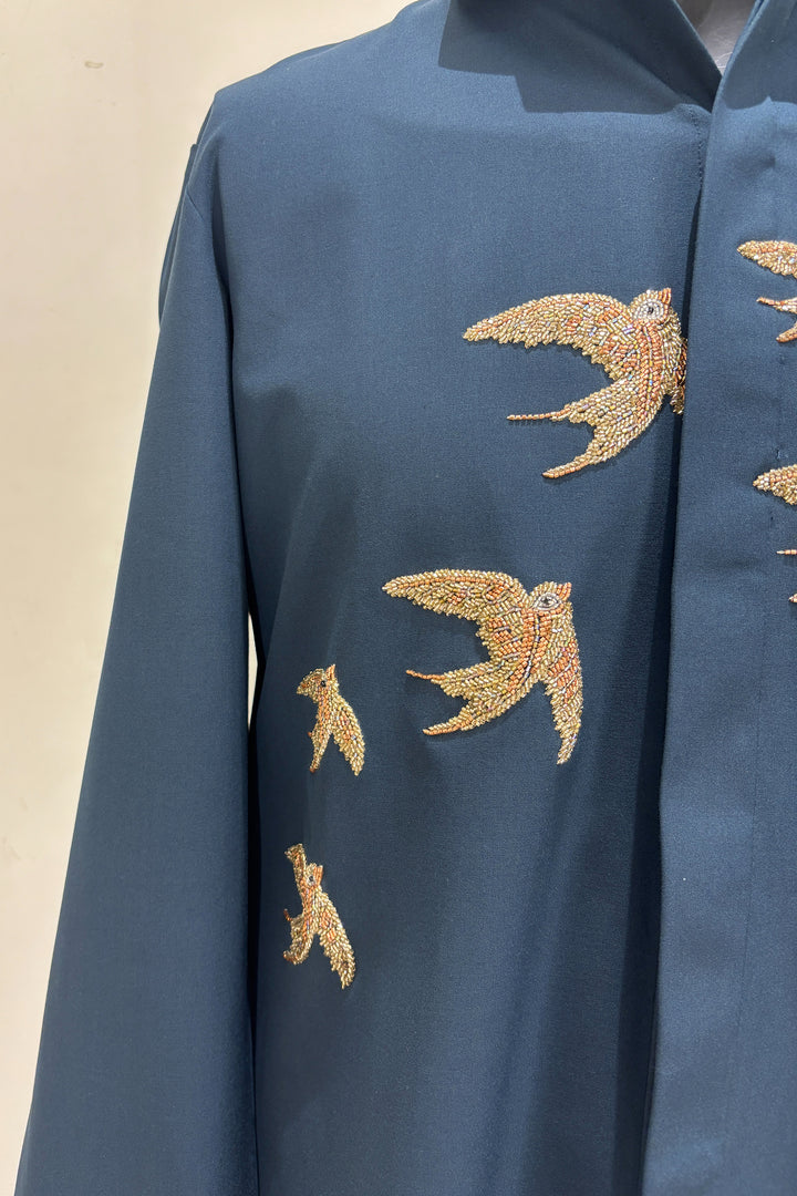 Sky Trace — Teal Green Hand Embroidered 4-Way Stretch Shirt