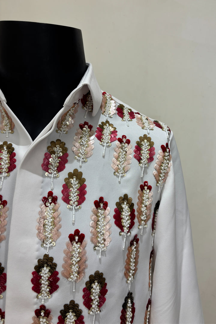 Meher — White Hand Embroidered Armani Fabric Shirt