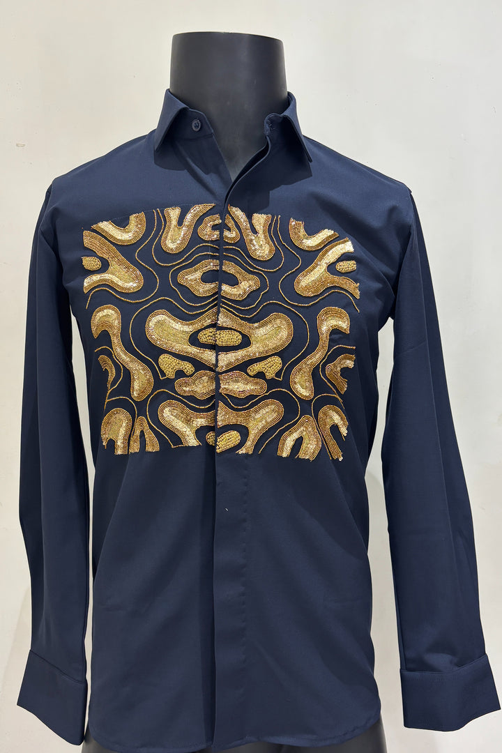 Molten — Midnight Blue Hand Embroidered British Fabric Shirt
