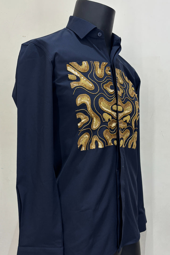 Molten — Midnight Blue Hand Embroidered British Fabric Shirt
