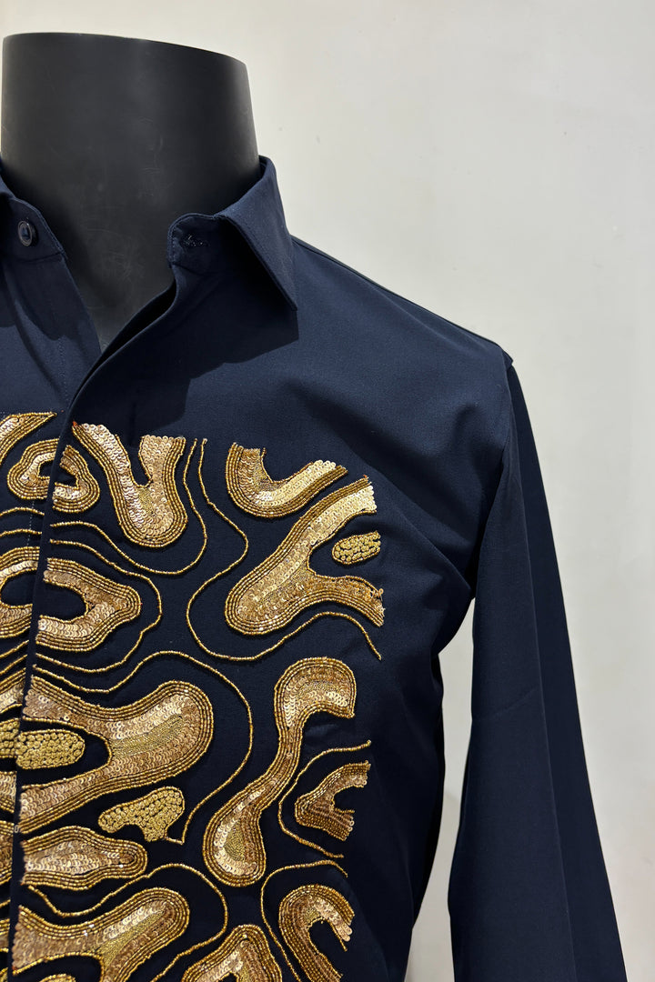 Molten — Midnight Blue Hand Embroidered British Fabric Shirt