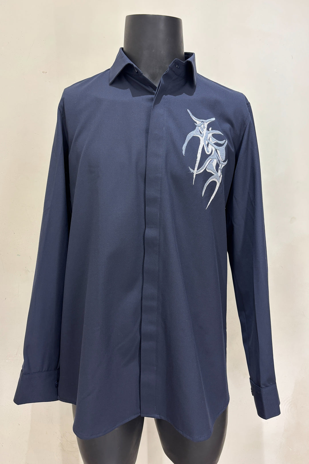 Vael — Midnight Blue Thread Embroidered 4-Way Stretch Shirt