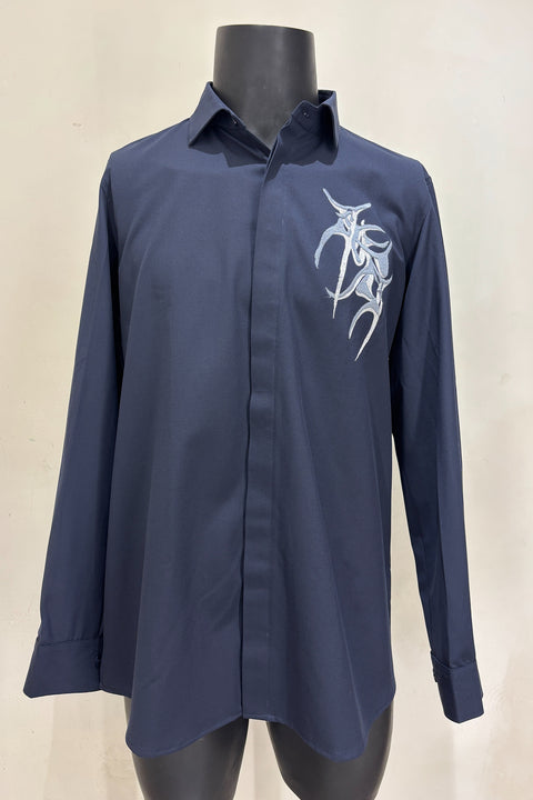 Vael — Midnight Blue Thread Embroidered 4-Way Stretch Shirt