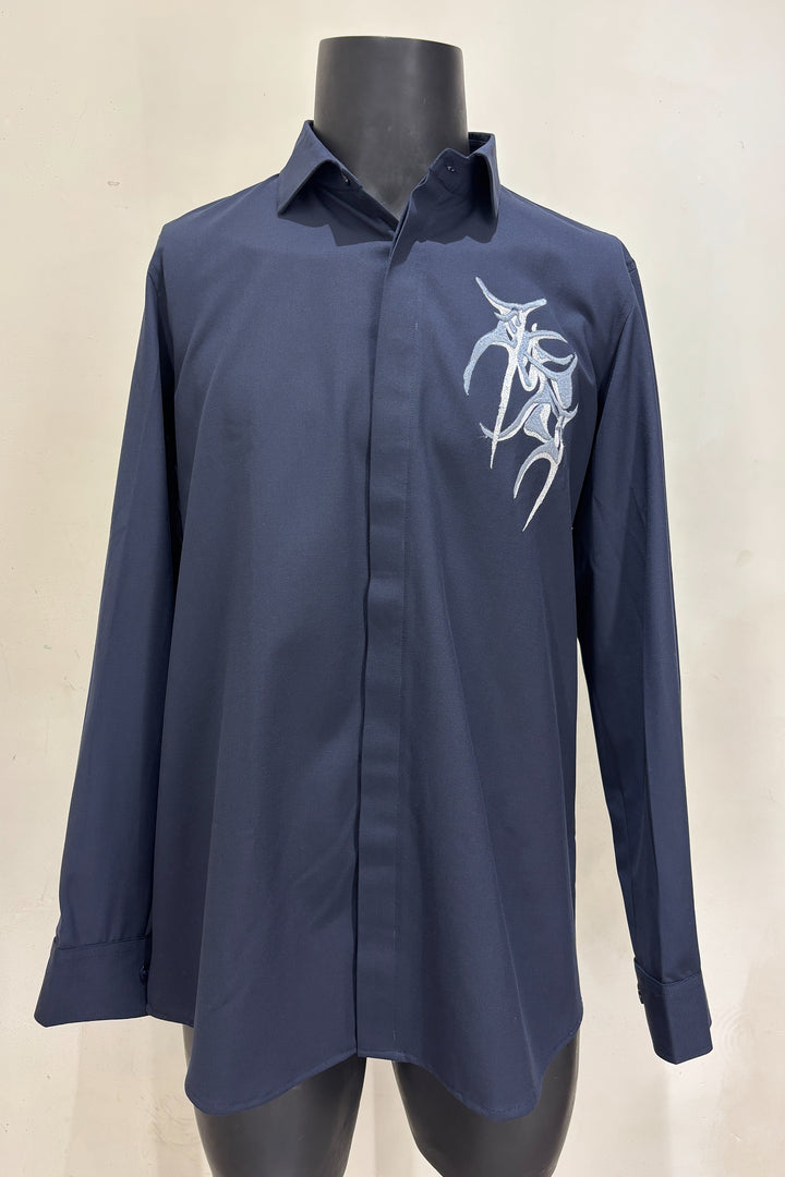 Vael — Midnight Blue Thread Embroidered 4-Way Stretch Shirt