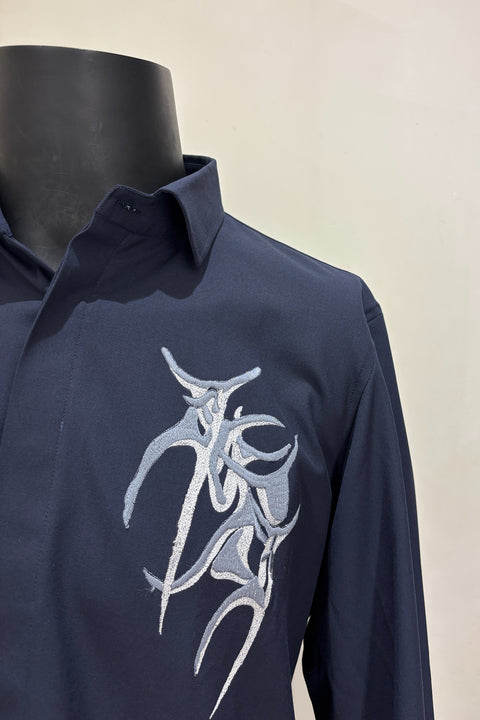 Vael — Midnight Blue Thread Embroidered 4-Way Stretch Shirt