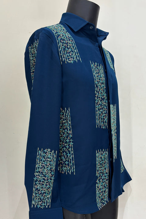 Mosaic — Teal Hand Embroidered Premium Shirt