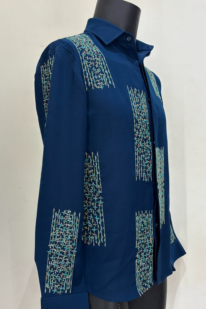 Mosaic — Teal Hand Embroidered Premium Shirt