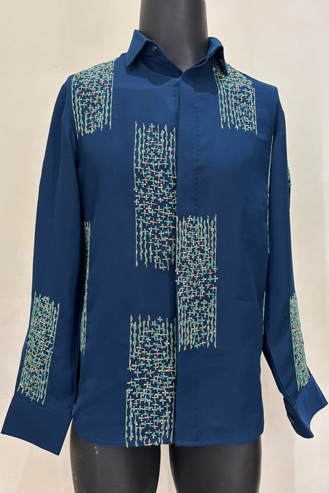 Mosaic — Teal Hand Embroidered Premium Shirt
