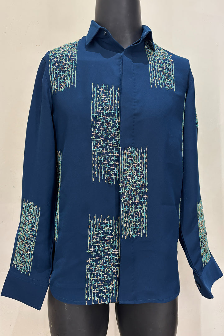 Mosaic — Teal Hand Embroidered Premium Shirt