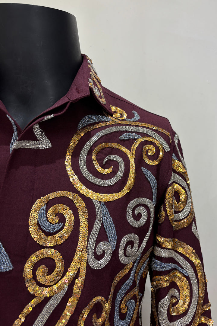 Vortex — Burgundy Swirl Embroidered 4-Way Stretch Shirt